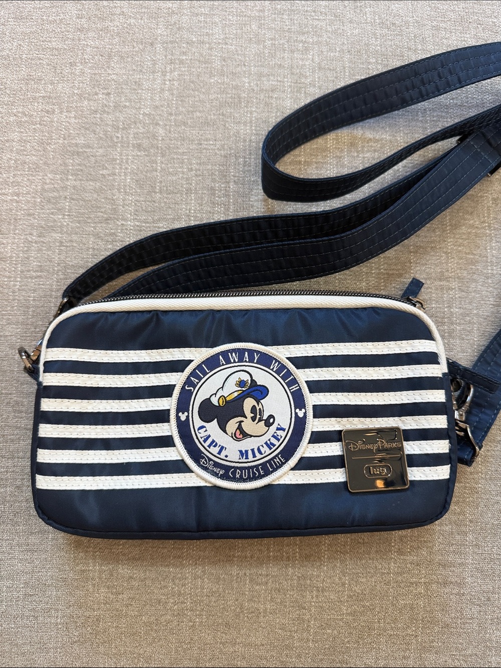 Disney Cruise Line Navy Striped Crossbody Bag with Captain Mickey Patch